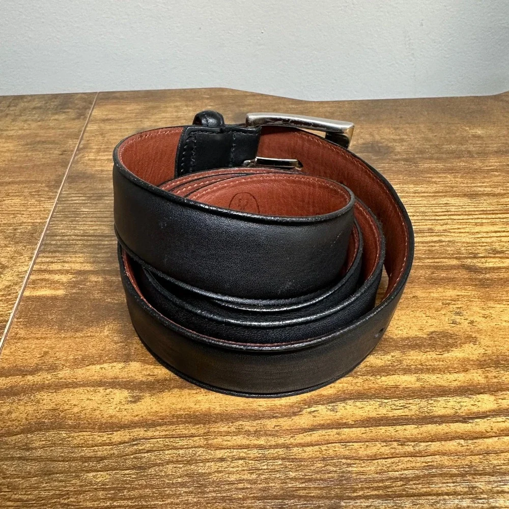 Bobby Jones Mens Black Leather Belt Silver Tone Solid Brass Buckle Size 36‎ 90